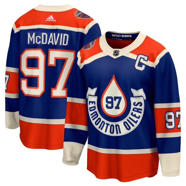 Men's Edmonton Oilers #97 Connor McDavid 2023 Royal With Patch Heritage Classic Primegreen Stitched Jersey
